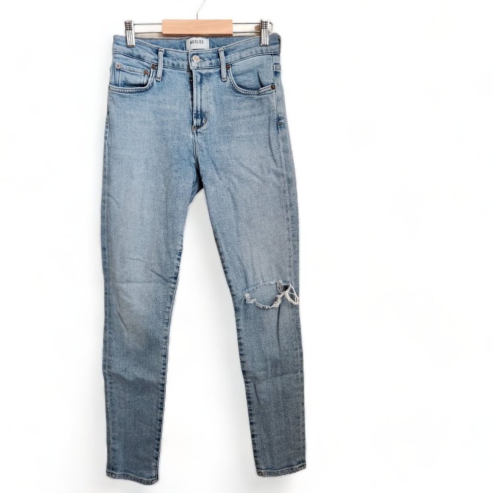 Agolde Sophie Skinny Jeans Womens Sz 35 Light Wash Blue Cotton Distressed‎